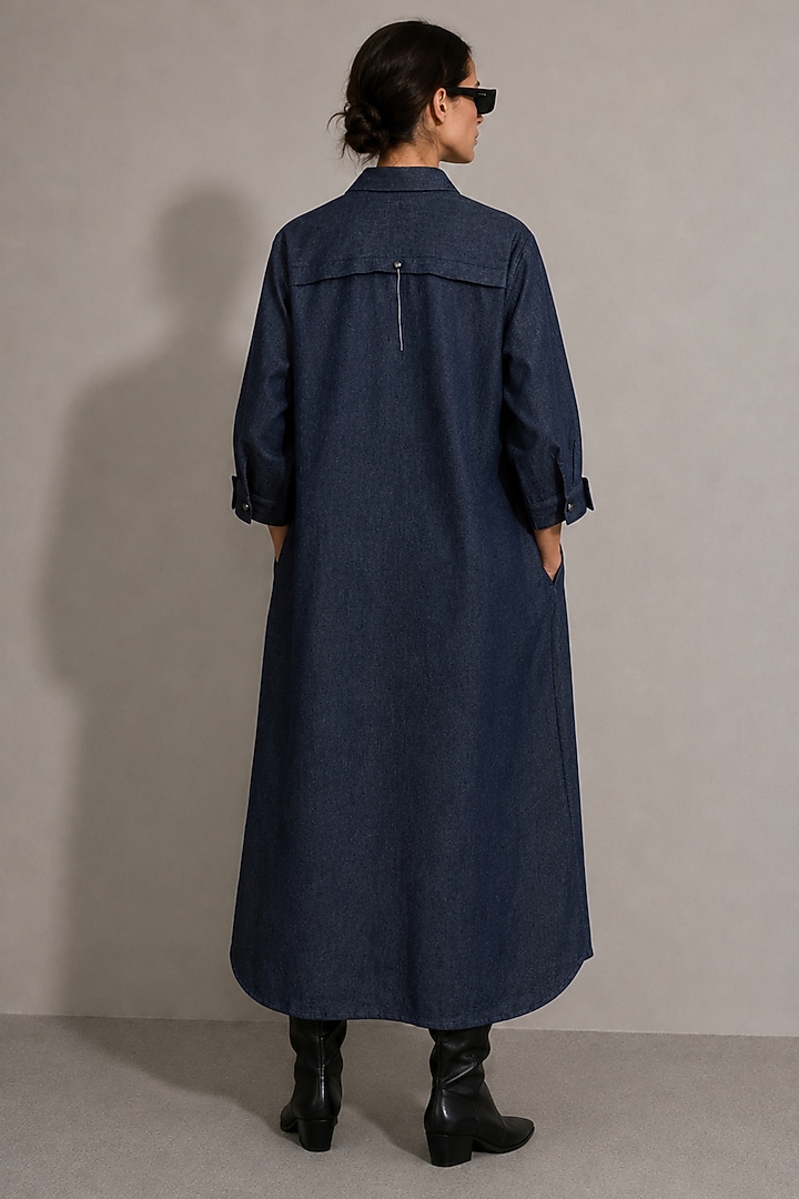 Deep Blue Cotton Denim Floral Hand Embroidered Long Vacation Shirt Dress by AS IF at Pernia's Pop Up Shop