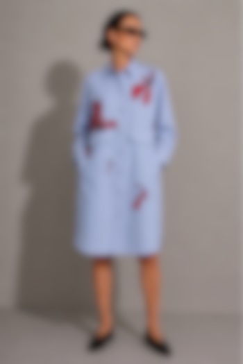 Light Blue Cotton Poplin Floral Hand Embroidered Vacation Shirt Dress by AS IF at Pernia's Pop Up Shop