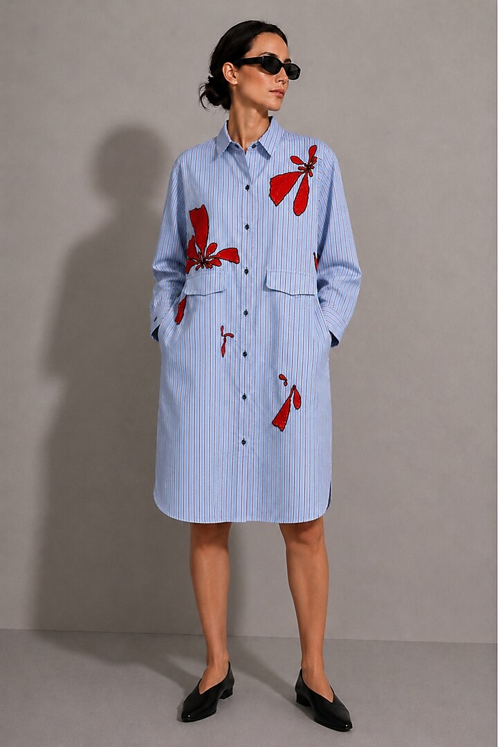 Light Blue Cotton Poplin Floral Hand Embroidered Vacation Shirt Dress by AS IF at Pernia's Pop Up Shop