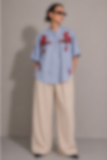 Light Blue Cotton Poplin Floral Hand Embroidered Shirt by AS IF at Pernia's Pop Up Shop