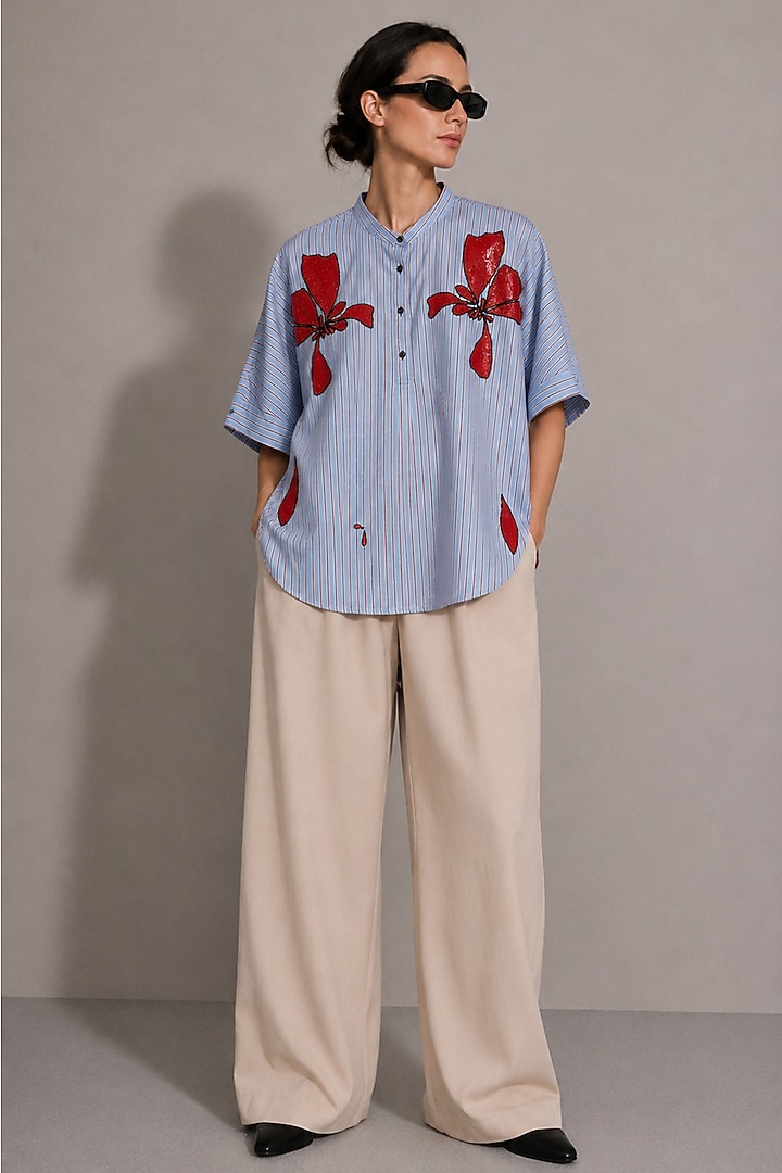 Light Blue Cotton Poplin Floral Hand Embroidered Shirt by AS IF at Pernia's Pop Up Shop