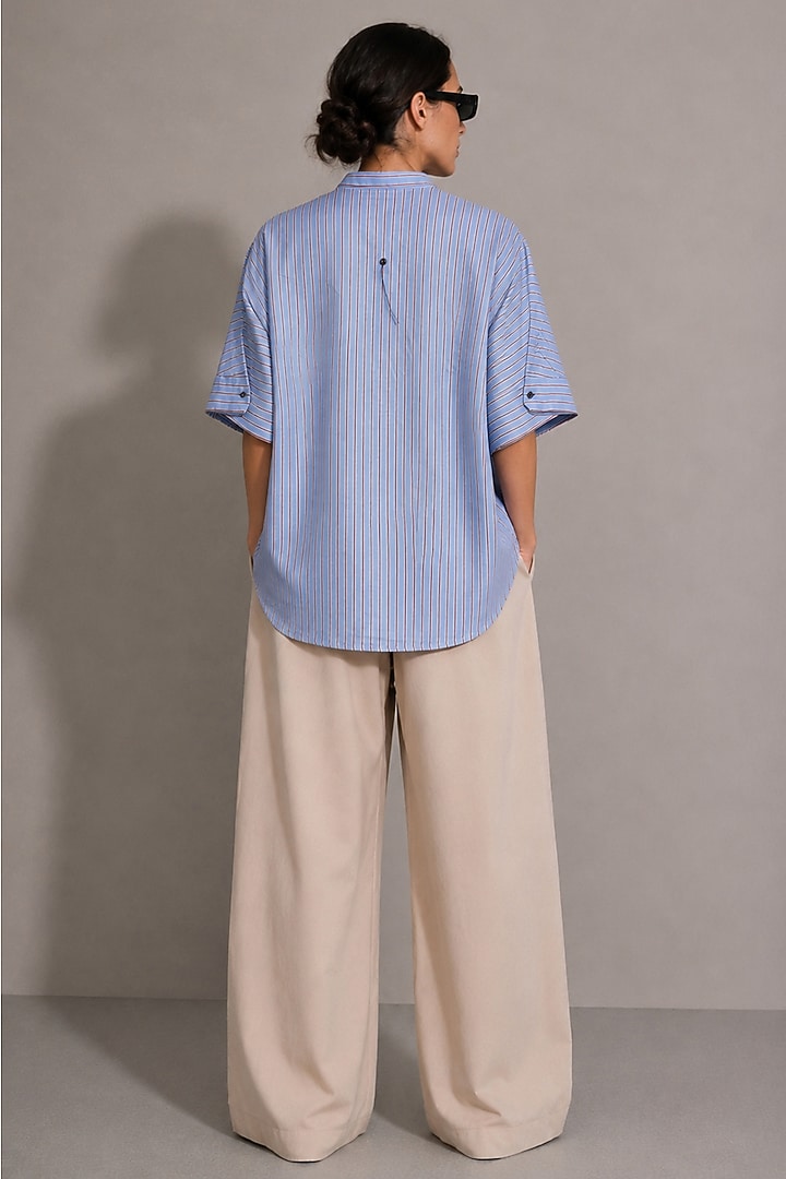 Light Blue Cotton Poplin Floral Hand Embroidered Shirt by AS IF at Pernia's Pop Up Shop