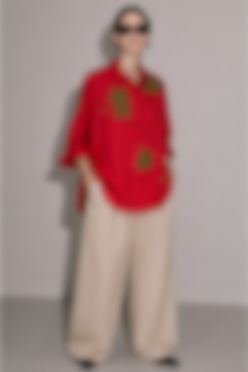Red Linen Floral Motifs Hand Embroidered Boxy Shirt by AS IF at Pernia's Pop Up Shop