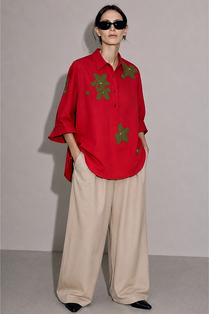 Red Linen Floral Motifs Hand Embroidered Boxy Shirt by AS IF at Pernia's Pop Up Shop