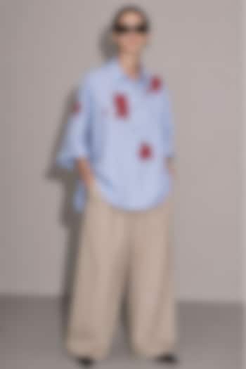 Light Blue Cotton Poplin Floral Motifs Hand Embroidered Boxy Shirt by AS IF at Pernia's Pop Up Shop