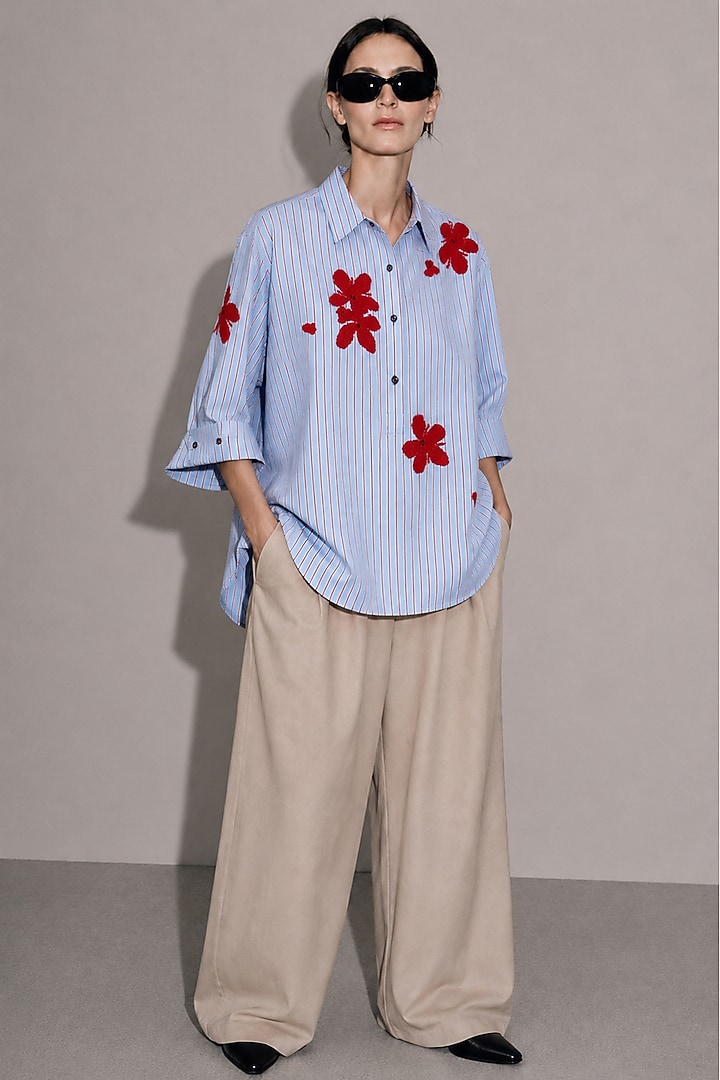 Light Blue Cotton Poplin Floral Motifs Hand Embroidered Boxy Shirt by AS IF at Pernia's Pop Up Shop