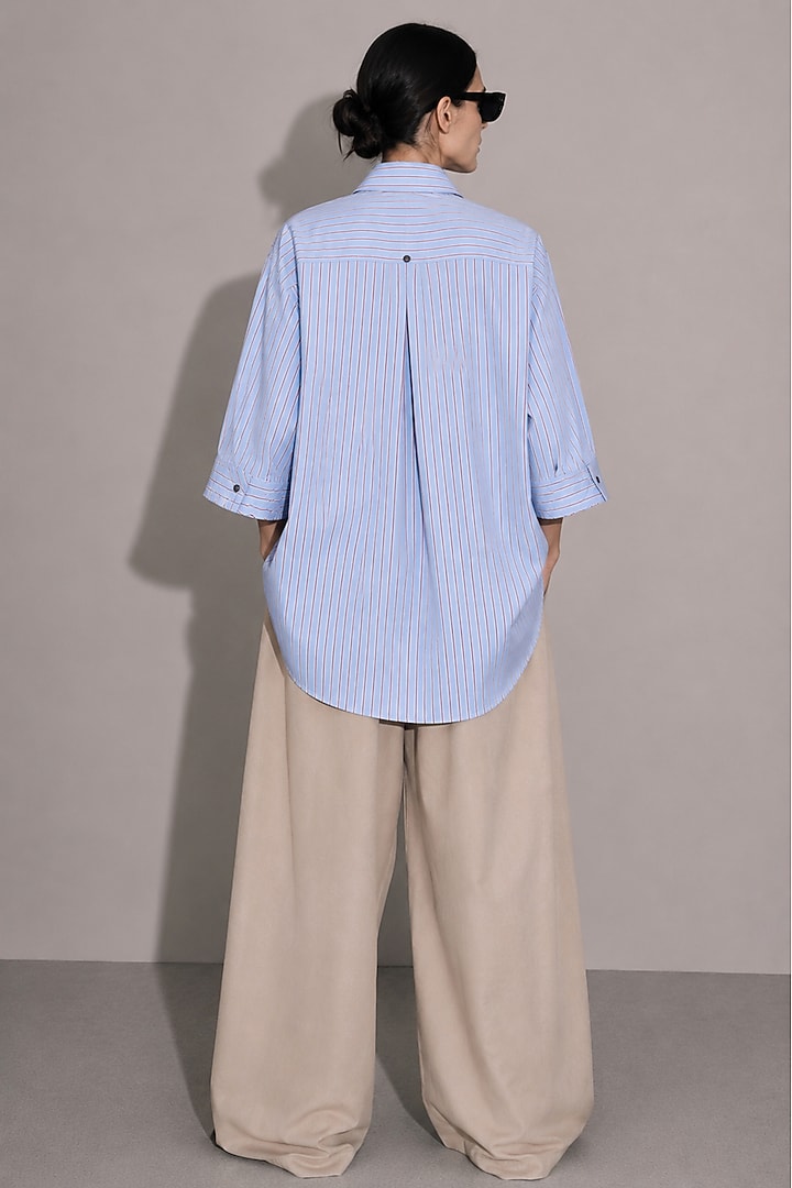 Light Blue Cotton Poplin Floral Motifs Hand Embroidered Boxy Shirt by AS IF at Pernia's Pop Up Shop