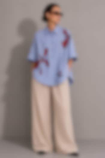 Light Blue Cotton Poplin Floral Hand Embroidered Boxy Shirt by AS IF at Pernia's Pop Up Shop