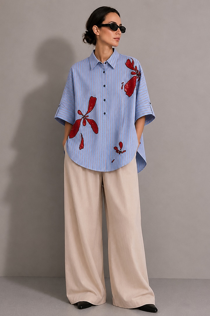 Light Blue Cotton Poplin Floral Hand Embroidered Boxy Shirt by AS IF at Pernia's Pop Up Shop