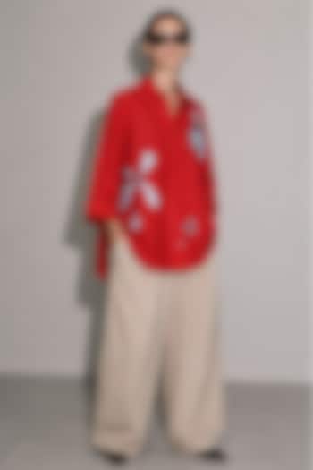 Red Linen Poplin Floral Hand Embroidered Boxy Shirt by AS IF at Pernia's Pop Up Shop