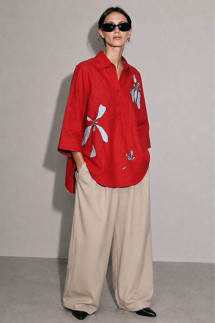 Red Linen Poplin Floral Hand Embroidered Boxy Shirt by AS IF at Pernia's Pop Up Shop