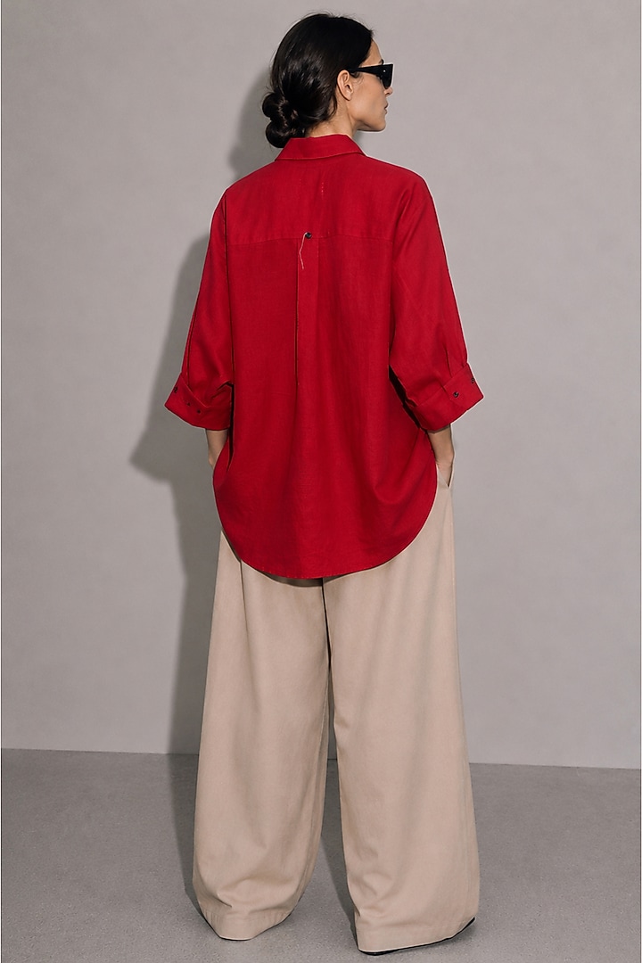 Red Linen Poplin Floral Hand Embroidered Boxy Shirt by AS IF at Pernia's Pop Up Shop