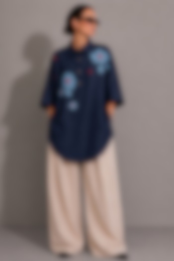 Deep Blue Cotton Denim Floral Hand Embroidered Boxy Shirt by AS IF at Pernia's Pop Up Shop