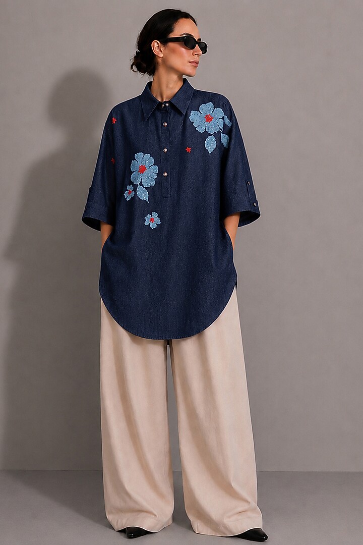 Deep Blue Cotton Denim Floral Hand Embroidered Boxy Shirt by AS IF at Pernia's Pop Up Shop