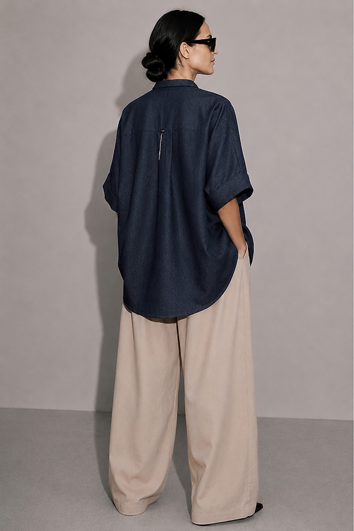 Deep Blue Cotton Denim Floral Hand Embroidered Boxy Shirt by AS IF at Pernia's Pop Up Shop