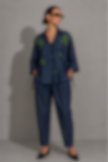 Deep Blue Cotton Denim Floral Hand Embroidered Co-Ord Set by AS IF at Pernia's Pop Up Shop