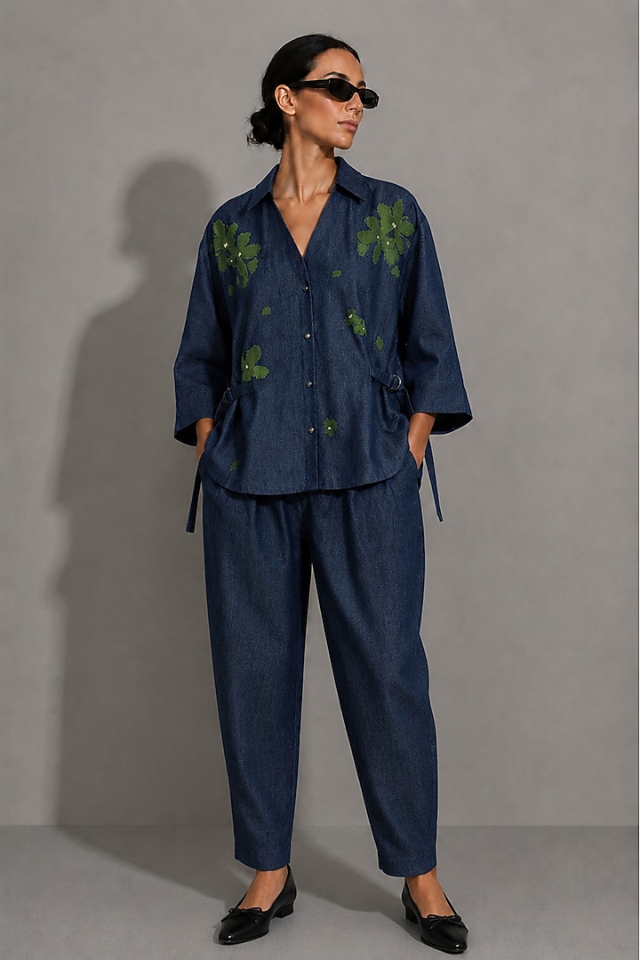 Deep Blue Cotton Denim Floral Hand Embroidered Co-Ord Set by AS IF at Pernia's Pop Up Shop