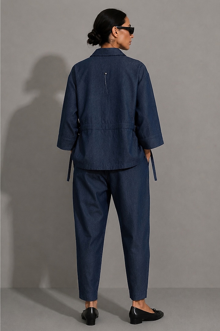 Deep Blue Cotton Denim Floral Hand Embroidered Co-Ord Set by AS IF at Pernia's Pop Up Shop