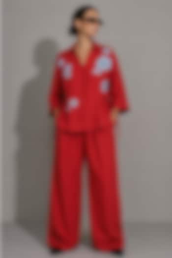 Red Linen Floral Motifs Hand Embroidered Safari Shirt by AS IF at Pernia's Pop Up Shop