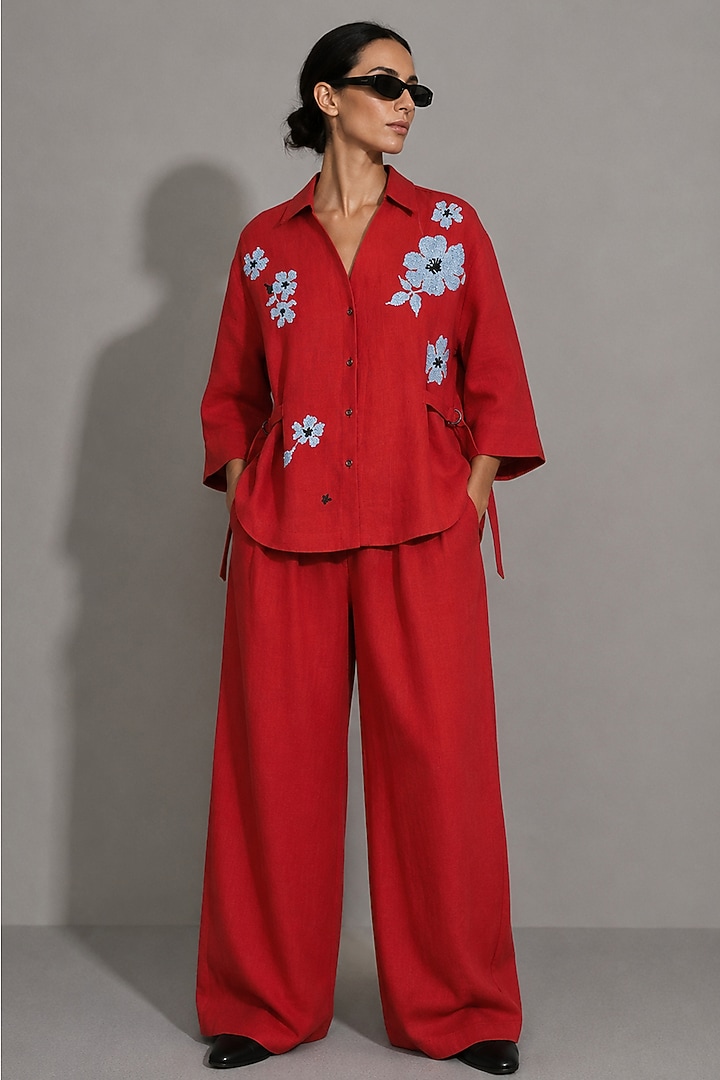 Red Linen Floral Motifs Hand Embroidered Safari Shirt by AS IF at Pernia's Pop Up Shop