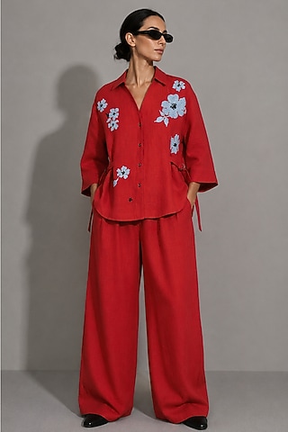 Red Linen Floral Motifs Hand Embroidered Safari Shirt by AS IF