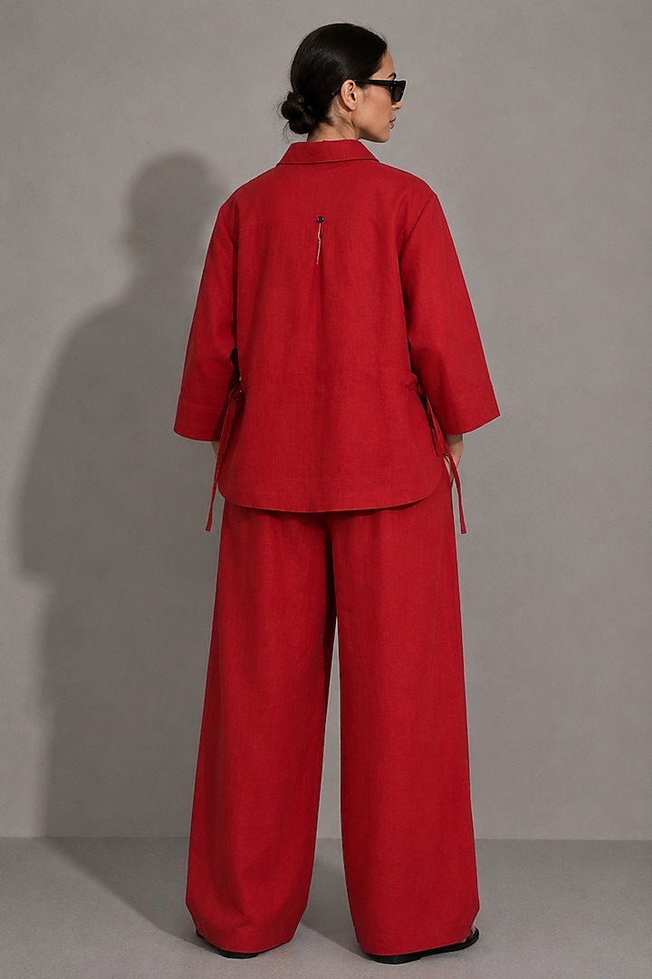 Red Linen Floral Motifs Hand Embroidered Safari Shirt by AS IF at Pernia's Pop Up Shop
