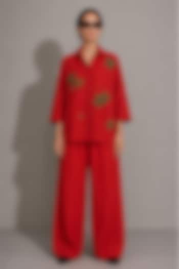 Red Linen Floral Motifs Hand Embroidered Co-Ord Set by AS IF at Pernia's Pop Up Shop