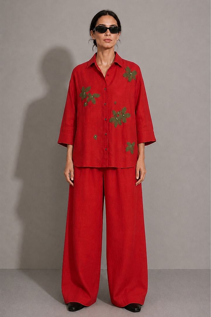 Red Linen Floral Motifs Hand Embroidered Co-Ord Set by AS IF at Pernia's Pop Up Shop