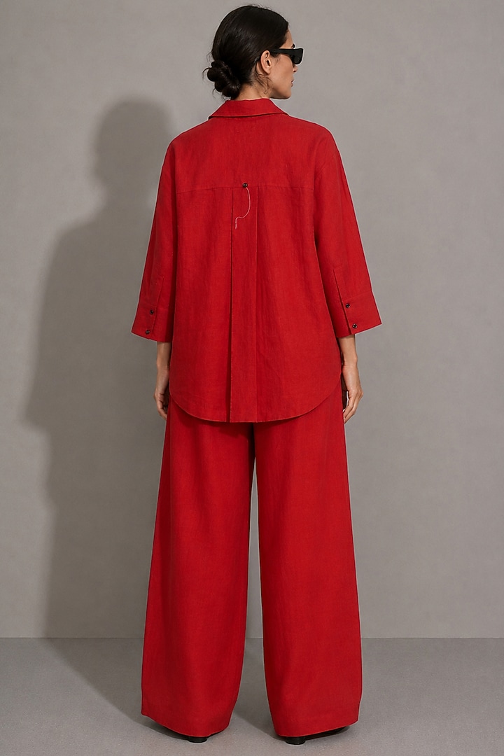 Red Linen Floral Motifs Hand Embroidered Co-Ord Set by AS IF at Pernia's Pop Up Shop