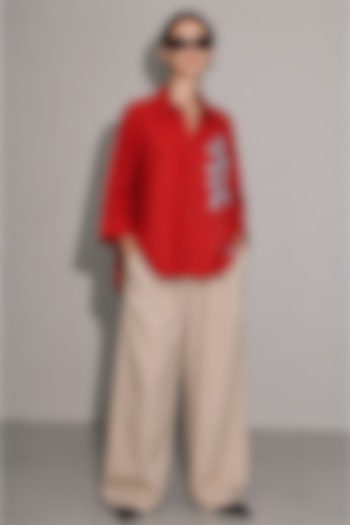 Red Linen & Cotton Motifs Hand Embroidered Shirt by AS IF at Pernia's Pop Up Shop
