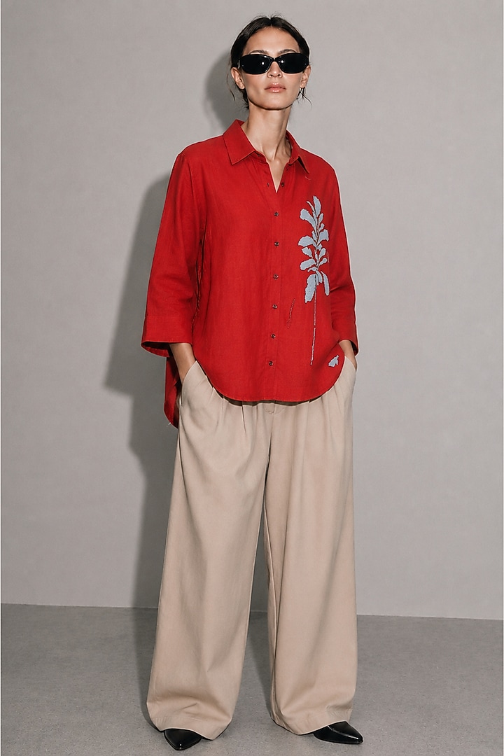 Red Linen & Cotton Motifs Hand Embroidered Shirt by AS IF at Pernia's Pop Up Shop