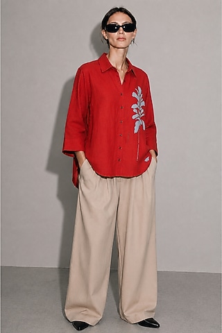 Red Linen & Cotton Motifs Hand Embroidered Shirt by AS IF