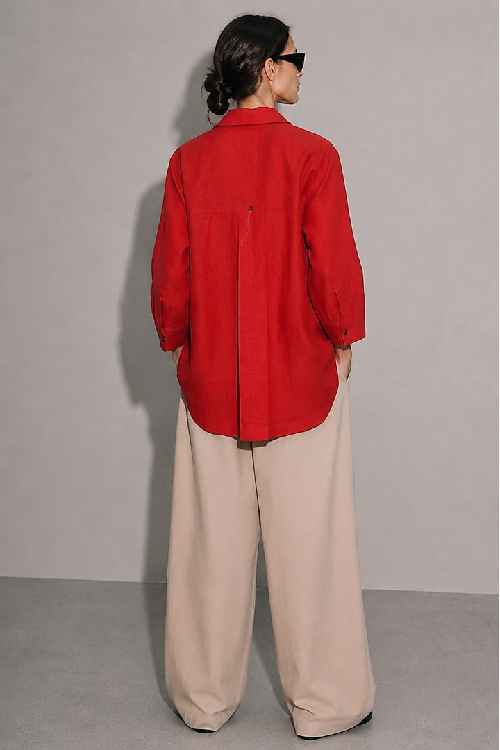 Red Linen & Cotton Motifs Hand Embroidered Shirt by AS IF at Pernia's Pop Up Shop