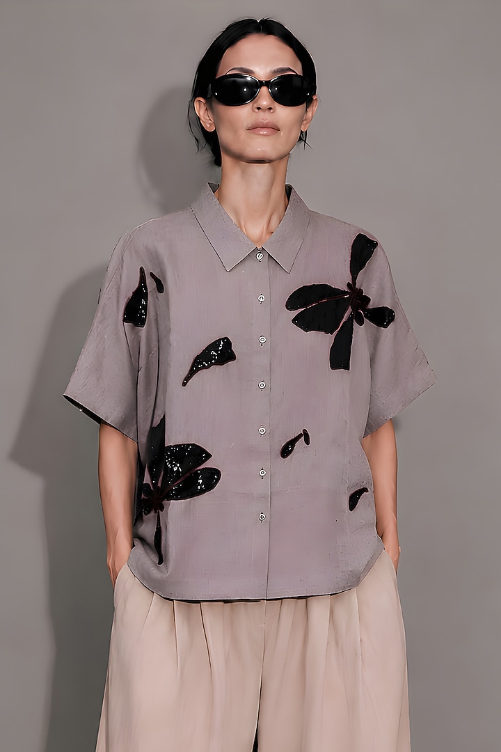 Beige Pure Linen Floral Embroidered Shirt by AS IF at Pernia's Pop Up Shop