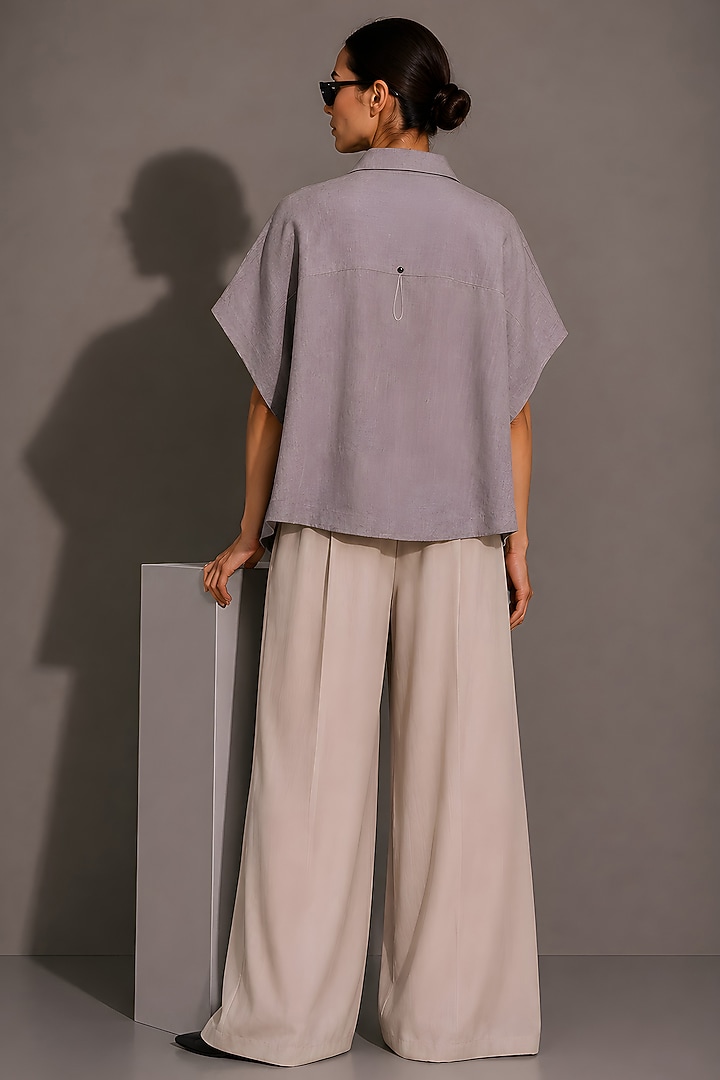 Beige Pure Linen Floral Embroidered Shirt by AS IF at Pernia's Pop Up Shop