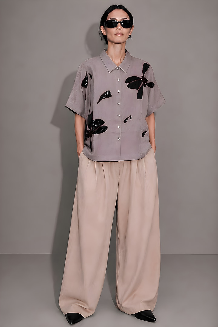 Beige Pure Linen Floral Embroidered Shirt by AS IF at Pernia's Pop Up Shop