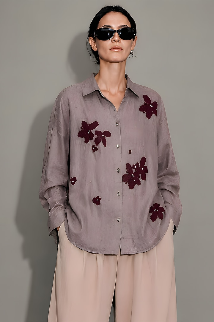 Beige Pure Linen Floral Hand Embroidered Shirt by AS IF at Pernia's Pop Up Shop