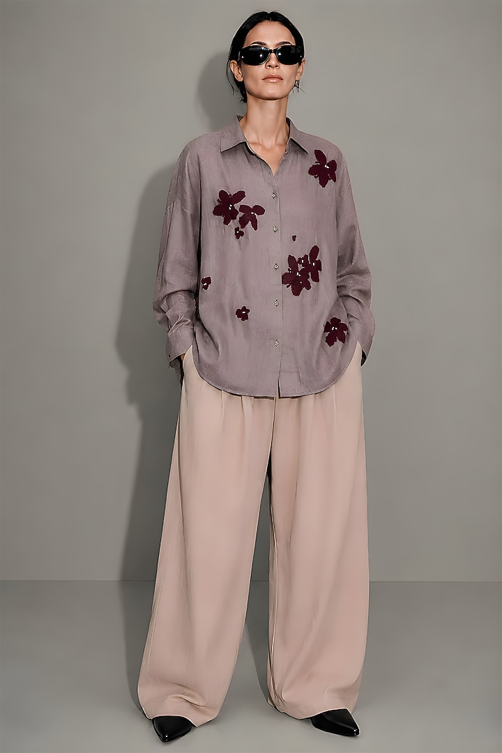 Beige Pure Linen Floral Hand Embroidered Shirt by AS IF at Pernia's Pop Up Shop