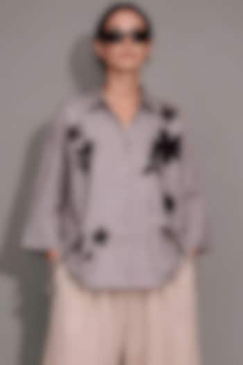 Beige Pure Linen Floral Hand Embroidered Shirt by AS IF at Pernia's Pop Up Shop