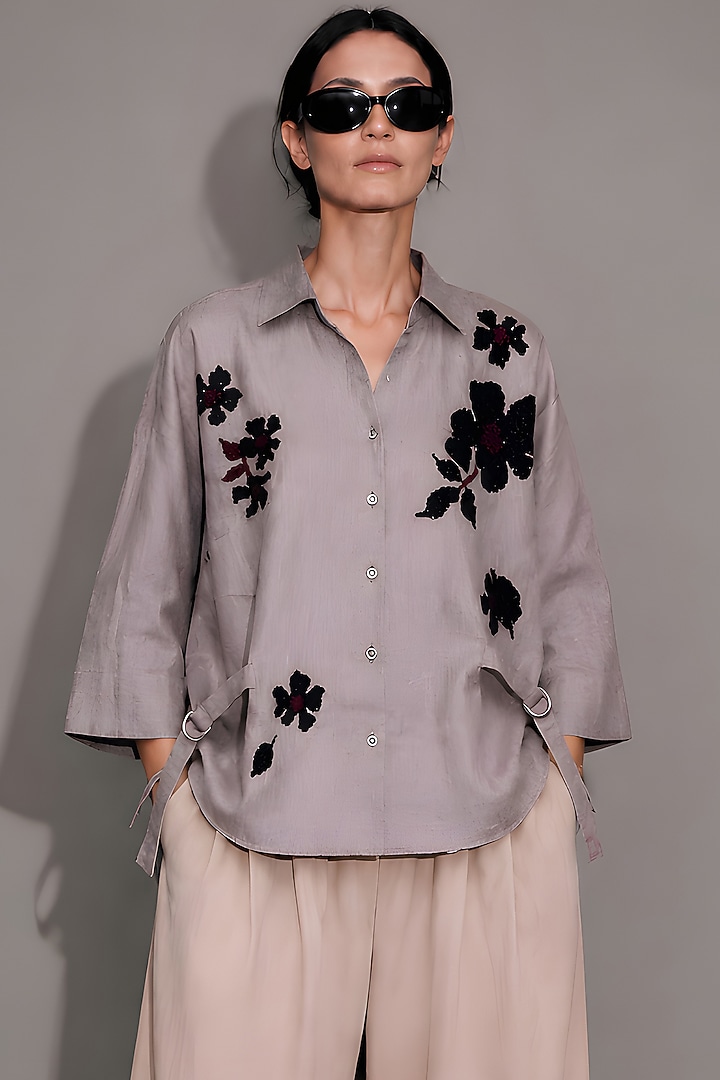 Beige Pure Linen Floral Hand Embroidered Shirt by AS IF at Pernia's Pop Up Shop