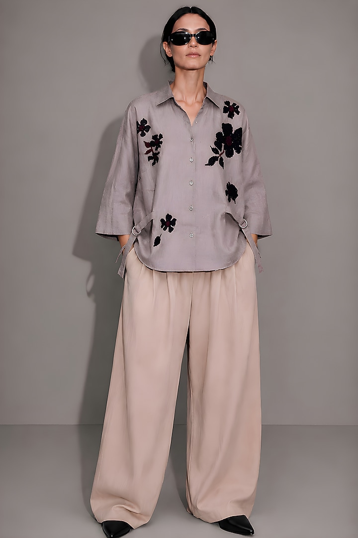 Beige Pure Linen Floral Hand Embroidered Shirt by AS IF at Pernia's Pop Up Shop
