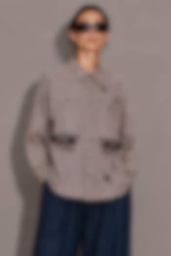 Beige Pure Linen Floral Hand Embroidered Shirt by AS IF at Pernia's Pop Up Shop