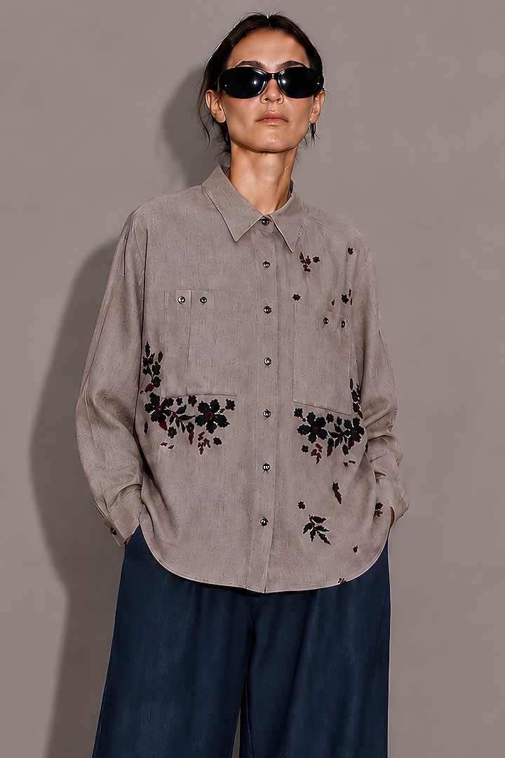 Beige Pure Linen Floral Hand Embroidered Shirt by AS IF at Pernia's Pop Up Shop