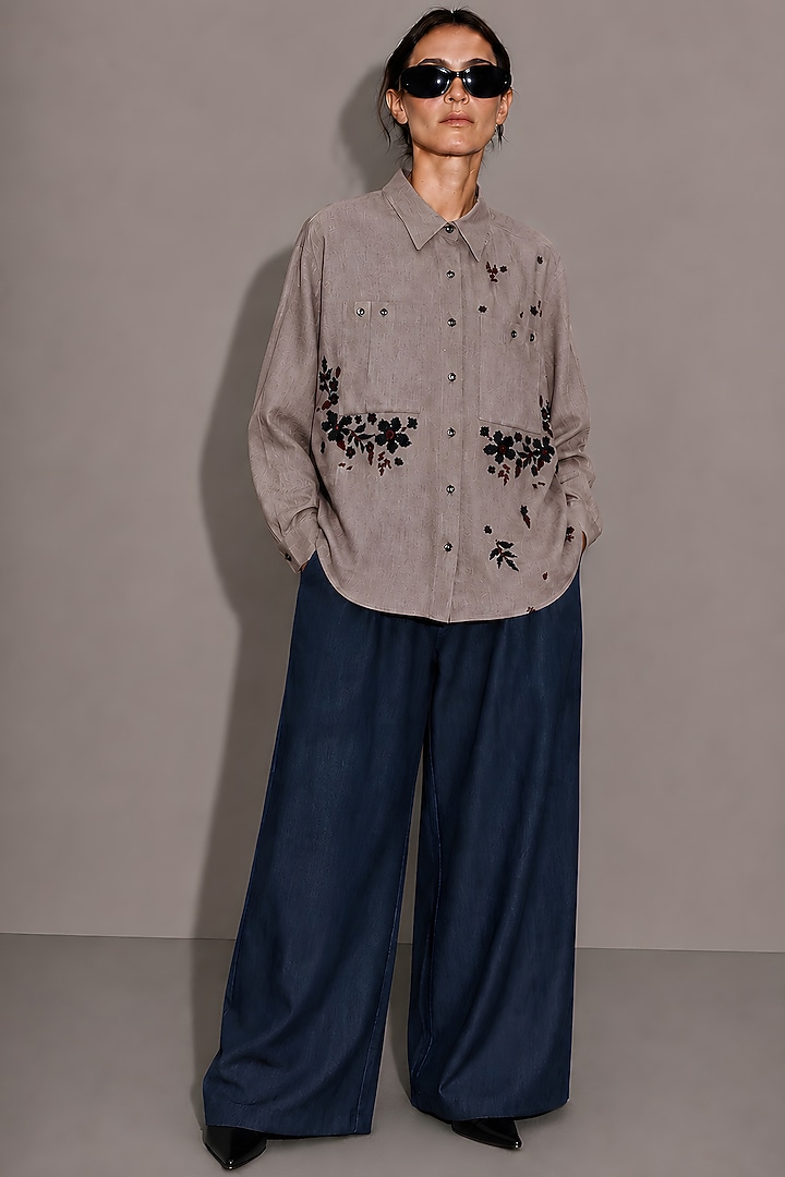 Beige Pure Linen Floral Hand Embroidered Shirt by AS IF at Pernia's Pop Up Shop