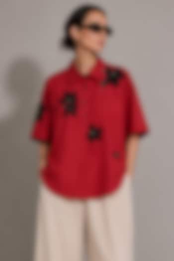 Red Poplin Floral Motif Embroidered Shirt by AS IF at Pernia's Pop Up Shop