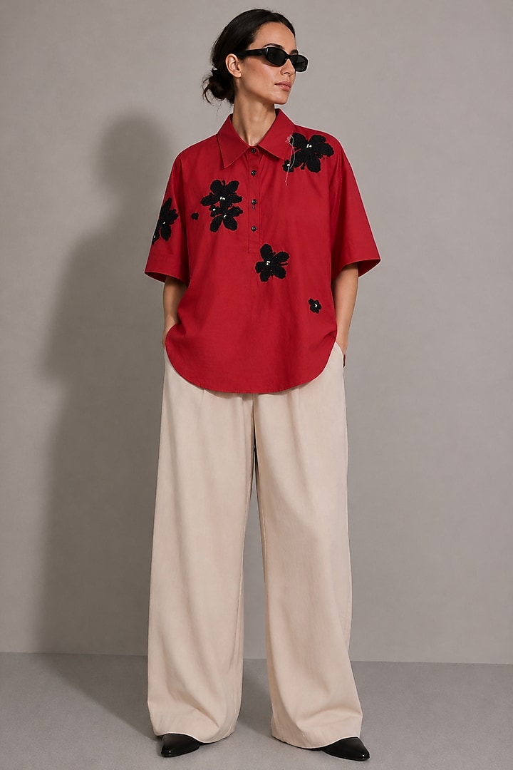 Red Poplin Floral Motif Embroidered Shirt by AS IF at Pernia's Pop Up Shop
