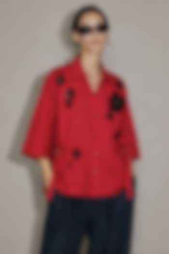 Red Poplin Floral Motif Embroidered Shirt by AS IF at Pernia's Pop Up Shop