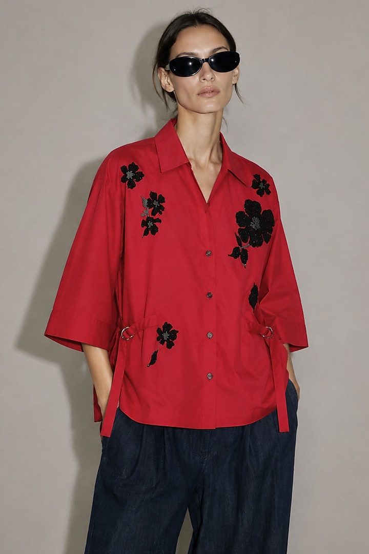 Red Poplin Floral Motif Embroidered Shirt by AS IF at Pernia's Pop Up Shop