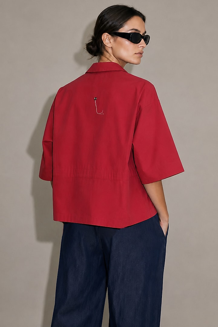 Red Poplin Floral Motif Embroidered Shirt by AS IF at Pernia's Pop Up Shop
