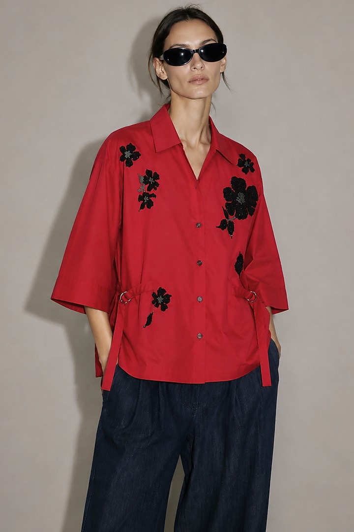 Red Poplin Floral Motif Embroidered Shirt by AS IF at Pernia's Pop Up Shop